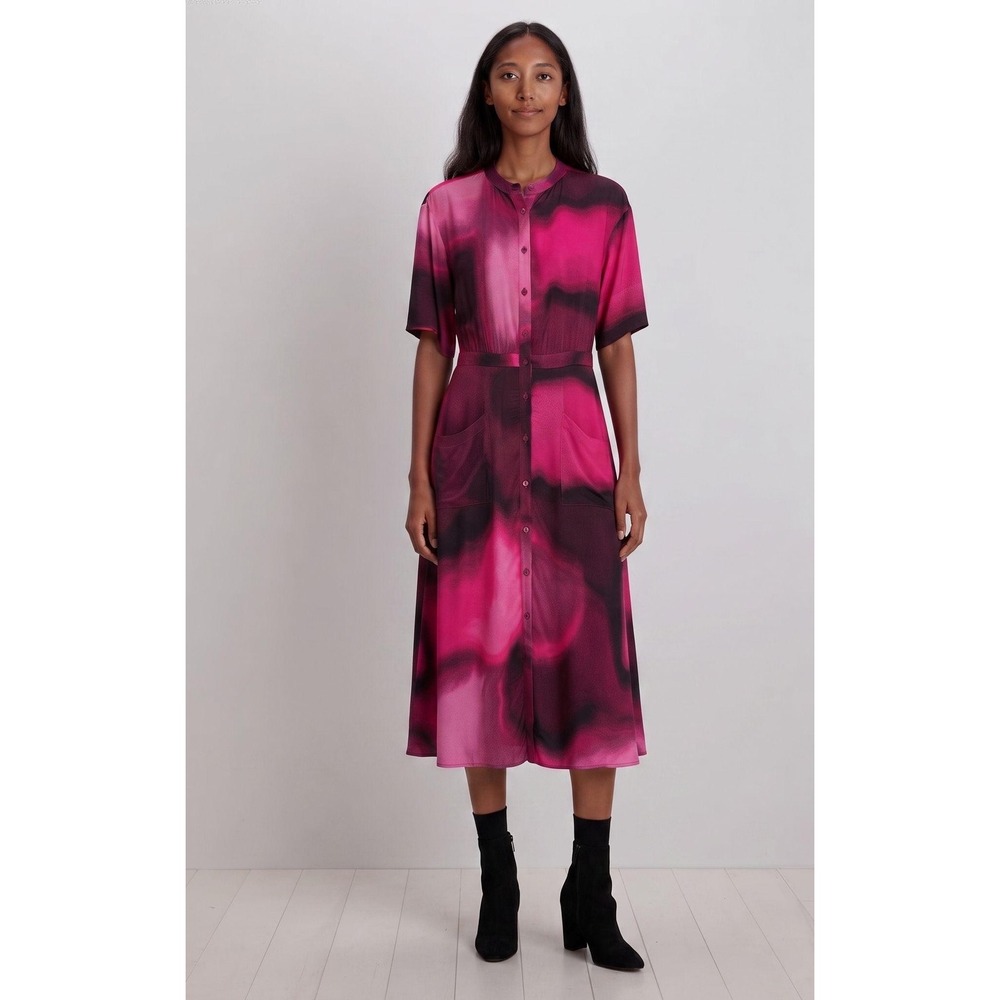 The Kit Pink Magenta Abstract Print Button Front Midi Dress Size 8 Short Sleeve